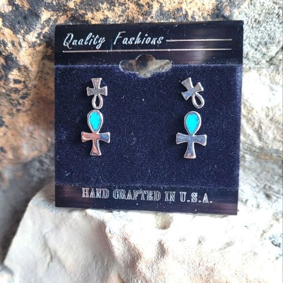 New! Egyptian Ankh Genuine Turquoise Inlay Set of Stud Earrings - Picture 3 of 3